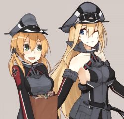 Rule 34 | 10s, 2girls, anchor hair ornament, bad id, bad twitter id, bag, bare shoulders, bismarck (kancolle), blonde hair, blue eyes, breasts, detached sleeves, green eyes, grey background, grocery bag, hair ornament, hat, kantai collection, long hair, looking at another, low twintails, mikoto (oi plus), multiple girls, one eye closed, peaked cap, prinz eugen (kancolle), shopping bag, twintails, upper body, very long hair