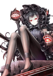 Rule 34 | 10s, 1girl, abyssal ship, akashio (loli ace), black bow, black dress, black footwear, black pantyhose, bonnet, bow, cannon, dress, fangs, frilled dress, frills, glowing, gothic lolita, high heels, isolated island oni, kantai collection, light smile, lolita fashion, looking at viewer, pantyhose, red eyes, shaded face, shoes, silver hair, sitting, solo, upskirt