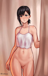 Rule 34 | 1girl, absurdres, artist name, black eyes, black hair, blush, bottomless, chainsaw man, chemise, cleft of venus, commentary, english commentary, hair ornament, hairclip, higashiyama kobeni, highres, looking at viewer, mole, mole on pussy, mole under eye, mole under mouth, navel, ponytail, pussy, short hair, short ponytail, solo, uncensored, volibergo