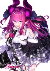 Rule 34 | 1girl, bare shoulders, black dress, blue eyes, blush, cable, demon girl, demon horns, demon tail, detached sleeves, dress, elizabeth bathory (fate), elizabeth bathory (fate/extra ccc), elizabeth bathory (second ascension) (fate), eyebrows, fang, fate/extra, fate/extra ccc, fate/grand order, fate (series), finger cots, frilled sleeves, frills, highres, holding, holding microphone, horns, long hair, long sleeves, looking at viewer, microphone, music, ninoude (ninoude44), open mouth, pink hair, pointy ears, singing, smile, solo, standing, star (symbol), tail, thighs, tooth, wrist cuffs