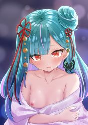 Rule 34 | 1girl, blurry, blurry background, breasts, collarbone, commentary request, green hair, hair bun, hair ornament, highres, hololive, japanese clothes, kimono, looking at viewer, makesound, medium hair, multicolored hair, nipples, no bra, open mouth, portrait, red eyes, single hair bun, single side bun, small breasts, solo, uruha rushia, uruha rushia (new year), virtual youtuber, yukata