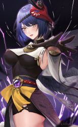 Rule 34 | 1girl, armpit crease, armpits, ass, black gloves, black hair, black wings, blue hair, blush, breasts, electricity, expulse, genshin impact, gloves, halterneck, highres, japanese clothes, kujou sara, large breasts, lips, looking at viewer, mask, mask on head, mitsudomoe (shape), outstretched arm, parted lips, rope belt, solo, tassel, tengu mask, thighs, tomoe (symbol), vision (genshin impact), wings, yellow eyes
