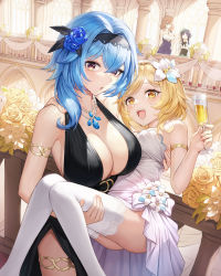 Rule 34 | 1boy, 3girls, :d, :o, ^ ^, absurdres, asymmetrical hair, black dress, black hairband, blonde hair, blue flower, blue hair, blue rose, breasts, carrying, closed eyes, cup, dress, eula (genshin impact), evening gown, flower, genshin impact, hair flower, hair ornament, hairband, has bad revision, has downscaled revision, highres, holding, holding cup, indoors, jewelry, large breasts, lisa (genshin impact), looking at viewer, lumine (genshin impact), masai, md5 mismatch, medium hair, multiple girls, necklace, open mouth, princess carry, railing, resolution mismatch, rose, short hair, smile, source smaller, thighhighs, thighlet, thighs, venti (genshin impact), wavy hair, white dress, white flower, white thighhighs, yellow eyes, yellow flower, yellow rose