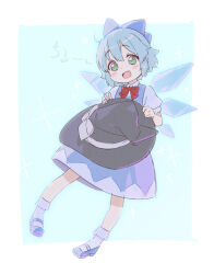 Rule 34 | 1girl, black hat, blue background, blue bow, blue dress, blue footwear, blue hair, blue wings, bobby socks, bow, cirno, collared shirt, commentary, detached wings, dress, full body, green eyes, hair bow, hat, head tilt, highres, holding, holding clothes, holding hat, ice, ice wings, jigatei (omijin), puffy short sleeves, puffy sleeves, red bow, shirt, shoes, short sleeves, sleeveless, sleeveless dress, socks, solo, symbol-only commentary, touhou, unworn hat, unworn headwear, v, white shirt, white socks, wings, witch hat