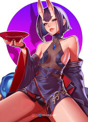 Rule 34 | 1girl, arm at side, bare legs, bare shoulders, black eyes, black nails, blue gemstone, bob cut, breasts, cup, demon girl, detached sleeves, fate/grand order, fate (series), full body, gem, hand up, high collar, highres, holding, holding cup, horns, inhoso, jewelry, kneeling, leotard, leotard under clothes, looking at viewer, necklace, parted lips, pendant, pink lips, purple hair, purple skirt, sakazuki, see-through, see-through leotard, shadow, short hair, shuten douji (fate), simple background, skin-covered horns, skirt, small breasts, solo, teeth, white background, wide sleeves