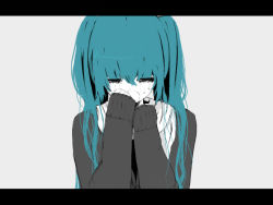 Rule 34 | black eyes, blue hair, colored skin, grey background, hands on own face, hatsune miku, letterboxed, long hair, open mouth, sad, scarf, simple background, sleeves past wrists, sweater, tears, twintails, vocaloid, white skin, yupi (artist)