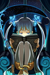 Rule 34 | 1girl, anklet, bail, barefoot, blue eyes, book, chair, flat chest, jewelry, laetitia, lowres, night, open book, panties, reading, scythe, silver hair, sitting, solo, sword girls, thighhighs, toeless legwear, toes, twintails, underwear, white thighhighs, witch