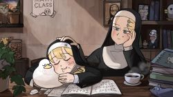 Rule 34 | 2girls, ^ ^, barn owl, bird, blonde hair, blue eyes, book, book stack, bookshelf, chicken, chocolate chip cookie, closed eyes, clumsy nun (diva), coffee, commentary, cookie, cookie jar, cup, desk, diva (hyxpk), drawing on another&#039;s face, drawing on own face, drooling, duck, duckling, elbow rest, english commentary, eraser, flower, flower pot, food, habit, hair flower, hair ornament, hairclip, hand on another&#039;s head, hand puppet, head rest, headpat, highres, little nuns (diva), math, mole, mole (animal), mole under eye, mouse (animal), multiple girls, nose bubble, notebook, nun, owl, paper, picture frame, plant, potted plant, puppet, saucer, sculpture, sketch, sleeping, smile, star (symbol), steam, sticker, strict nun (diva), stuffed animal, stuffed duck, stuffed toy, sweatdrop, teacup, traditional nun, u u, window