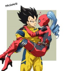 Rule 34 | 1boy, 1girl, alternate costume, artist name, black eyes, black hair, blue hair, bulma, carrying, cosplay, couple, deadpool, deadpool &amp; wolverine, deadpool (cosplay), dragon ball, dragonball z, gloves, hetero, high heels, highres, husband and wife, lady deadpool, marvel, mask, pipeesnow, ponytail, simple background, spiked hair, vegeta, wolverine (x-men), wolverine (x-men) (cosplay)