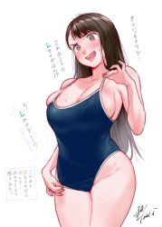 Rule 34 | 1girl, banned artist, bare shoulders, black hair, blue one-piece swimsuit, blush, breasts, brown eyes, bursting breasts, cleavage, collarbone, commentary request, competition school swimsuit, cowboy shot, dated, groin, highres, kamiyama aya, large breasts, long hair, one-piece swimsuit, open mouth, original, plump, school swimsuit, simple background, skindentation, solo, standing, strap pull, swimsuit, thighs, translation request, undersized clothes, wet, white background