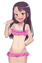 Rule 34 | 1girl, bikini, black hair, breasts, brown eyes, clothes pull, dark-skinned female, dark skin, earclip, english text, fang, gazing eye, groin, hair ornament, hairclip, highres, ijiranaide nagatoro-san, long hair, lowleg, lowleg bikini, nagatoro hayase, navel, ocean, one-piece swimsuit pull, one-piece tan, open mouth, pink bikini, pulling own clothes, skin fang, small breasts, smile, solo, swimsuit, tan, tanline, transparent background, underboob