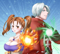 Rule 34 | 1boy, 1girl, blue background, blue eyes, breasts, brown eyes, brown hair, cleavage, commentary request, dragon quest, dragon quest viii, earrings, gradient background, highres, hyoukai, jacket, jessica albert, jewelry, kukuru (dq8), large breasts, pendant, ponytail, red jacket, silver hair, smile, twintails