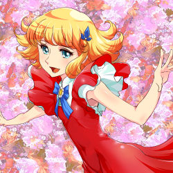 Rule 34 | 1970s (style), 1girl, blonde hair, blue eyes, bow, breasts, covered navel, curly hair, dress, hair ornament, hairclip, hana no ko lunlun, kemi (kemi433), looking at viewer, lunlun, magical girl, oldschool, open mouth, outstretched arms, red dress, retro artstyle, short hair, skinny, small breasts, smile, wavy hair