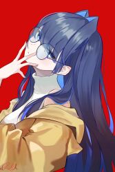 Rule 34 | 1girl, blue-framed eyewear, blue eyes, blue hair, blunt bangs, breasts, brown coat, clothing cutout, coat, colored inner hair, glasses, hair intakes, hand on own face, hand up, head back, highres, hololive, hololive english, large breasts, long hair, looking at viewer, multicolored hair, nail polish, official alternate costume, open clothes, open coat, ouro kronii, ouro kronii (casual), pink nails, red background, shirt, shoulder cutout, signature, simple background, trench coat, turtleneck, two-tone hair, very long hair, virtual youtuber, white shirt, xsilentred
