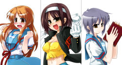 Rule 34 | &gt;:d, 00s, 3girls, :d, :o, armband, asahina mikuru, belt, black hair, blue skirt, book, breasts, brown hair, buttons, cleavage, clenched hand, collarbone, column lineup, covered erect nipples, crop top, embarrassed, expressionless, eyebrows, fingernails, from side, gakuran, gloves, grey hair, hairband, hand up, hands up, high collar, holding, holding book, impossible clothes, long fingernails, long hair, long sleeves, looking at viewer, looking back, medium breasts, midriff, multiple girls, nagato yuki, navel, no bra, open clothes, open mouth, ouendan, parted bangs, pleated skirt, raised eyebrows, raised fist, ribbon, school uniform, serafuku, shirt, short hair, short sleeves, sidelocks, simple background, skirt, sleeve cuffs, small breasts, smile, surprised arms, suzumiya haruhi, suzumiya haruhi no yuuutsu, tank top, taut clothes, tears, tougeya honpo, upper body, v-shaped eyebrows, very long hair, white background, white shirt, wide-eyed, yellow eyes, yellow shirt