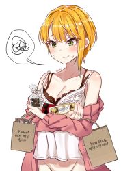 Rule 34 | 1girl, artist name, bad id, bad pixiv id, bag, bare shoulders, black bra, blonde hair, blunt bangs, bottomless, box, box of chocolates, bra, bra peek, breasts, cleavage, closed mouth, collarbone, eyelashes, goyain, green eyes, groin, heart, highres, holding, idolmaster, idolmaster cinderella girls, jacket, korean text, long sleeves, medium breasts, miyamoto frederica, off shoulder, open clothes, open jacket, out-of-frame censoring, pink jacket, shirt, shopping bag, short hair, simple background, single sidelock, smile, solo, spaghetti strap, speech bubble, spoken squiggle, squiggle, sweatdrop, translation request, underwear, upper body, white background, white shirt