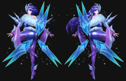 Rule 34 | 2girls, absurdres, ass, black background, blue hair, dual persona, floating object, floating sword, floating weapon, frostblade irelia, full body, hella p, highres, irelia, league of legends, leg lift, long hair, looking at viewer, looking back, multiple girls, purple eyes, short hair, simple background, skin tight, spiked hair, standing, standing on one leg, sword, tagme, v-shaped eyebrows, weapon