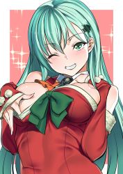 Rule 34 | 10s, 1girl, alternate costume, aqua hair, arm warmers, blush, border, breasts, christmas, christmas tree hair ornament, covering nipples, covering privates, detached collar, green eyes, grin, hair ornament, hand on breast, highres, kantai collection, large breasts, long hair, looking at viewer, okita ababa, one eye closed, outside border, red background, smile, solo, suzuya (kancolle), white border