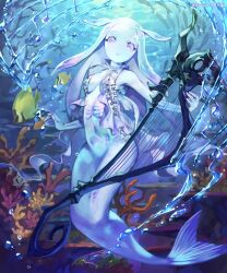 Rule 34 | absurdres, blue tail, breasts, coral, coral reef, fins, fish tail, full body, harp, highres, holding, holding instrument, instrument, kiriyama2109, mermaid, monster girl, musical note, ocean, original, pink eyes, see-through, skeleton, small breasts, tail, tentacle hair, see-through body, underwater, water