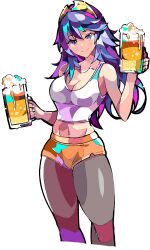 Rule 34 | 1girl, absurdres, alcohol, beer, beer glass, blue hair, blush, breasts, brown pantyhose, cleavage, closed mouth, collarbone, commentary request, commission, cup, enpe, fire emblem, fire emblem awakening, highres, holding, holding cup, hooters, large breasts, long hair, looking at viewer, lucina (fire emblem), micro shorts, midriff, navel, nintendo, orange shorts, pantyhose, partial commentary, shorts, simple background, skeb commission, smile, solo, white background