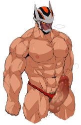 Rule 34 | 1boy, abs, absurdres, algernon (housamo), bara, censored, clothing aside, colored sclera, cropped legs, crow (siranui), erection, fundoshi, fundoshi aside, helmet, highres, japanese clothes, large pectorals, large penis, male focus, male pubic hair, male underwear, male underwear aside, mosaic censoring, muscular, muscular male, navel, nipples, pectorals, penis, pubic hair, pubic hair peek, red eyes, red male underwear, solo, stomach, textless version, thick thighs, thighs, tokyo houkago summoners, topless male, twitching penis, underwear, underwear only, veins, veiny penis, white background, yellow sclera