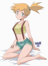 Rule 34 | 1girl, absurdres, bare legs, bare shoulders, barefoot, bed sheet, blue eyes, blush, collarbone, creatures (company), crop top, danmakuman, feet, game freak, grey background, highres, looking at viewer, midriff, misty (pokemon), navel, nintendo, orange hair, parted lips, pokemon, pokemon (anime), pokemon (classic anime), shiny skin, short sidetail, shorts, simple background, sitting, sleeveless, solo, suspenders, toes, white background