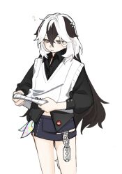 Rule 34 | 1girl, black hair, black shirt, blue skirt, closed mouth, collared shirt, commentary request, coralie (honkai impact), dress shirt, grey eyes, hair between eyes, honkai (series), honkai impact 3rd, lifted by self, long hair, long sleeves, multicolored hair, puffy long sleeves, puffy sleeves, shirt, sho 2nini, simple background, skirt, solo, standing, sweater vest, two-tone hair, very long hair, white background, white hair