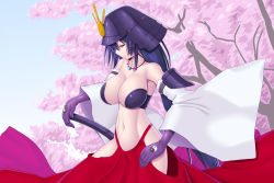 Rule 34 | 1girl, asamura hiori, black hair, breasts, cherry blossoms, detached sleeves, closed eyes, jewelry, katana, large breasts, long hair, navel, necklace, original, revealing clothes, samurai, skirt, skirt set, solo, sword, weapon, wide sleeves, yin yang