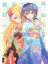 Rule 34 | 10s, 2girls, :d, arm around shoulder, blonde hair, blue flower, blue hair, blue kimono, blush, clenched hand, commentary request, e20, earrings, eyes visible through hair, floral print, flower, flower knot, green ribbon, grin, hair flower, hair ornament, hair over one eye, hair ribbon, hand on another&#039;s hand, highres, japanese clothes, jewelry, kanzashi, kimono, long hair, long sleeves, mizuno ai, multicolored hair, multiple girls, nail polish, nikaidou saki, obi, one eye closed, open mouth, orange eyes, orange kimono, petals, pink nails, purple flower, red eyes, red flower, red hair, ribbon, sash, short hair, smile, streaked hair, tassel, very long hair, w, wide sleeves, yellow flower, zombie land saga