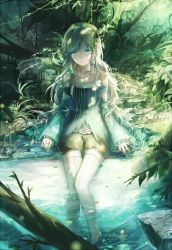 Rule 34 | 1girl, bad id, bad pixiv id, commentary request, day, domik, forest, green eyes, green hair, green theme, hair beads, hair ornament, half-closed eyes, highres, horns, log, matching hair/eyes, nature, original, outdoors, partially submerged, pixiv fantasia, pixiv fantasia t, plant, pumpkin pants, runes, single horn, sitting, soaking feet, solo, steam, thighhighs, vines, water, white thighhighs, wide sleeves
