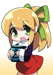 Rule 34 | 1girl, :d, black shirt, blonde hair, blush, chibi, commentary request, cowboy shot, dress, gradient background, green eyes, green ribbon, hair ribbon, holding, looking at viewer, mega man (classic), mega man (series), open mouth, osaragi mitama, ponytail, red dress, ribbon, roll (mega man), shirt, sidelocks, sleeves past wrists, smile, solo, standing, turtleneck, turtleneck dress, two-tone background, undershirt