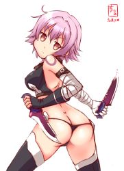 Rule 34 | 1girl, alternate costume, ass, bandaged arm, bandages, brown eyes, butt crack, commentary request, cosplay, dagger, dated, dimples of venus, dual wielding, fate/grand order, fate (series), highres, holding, jack the ripper (fate/apocrypha), jack the ripper (fate/apocrypha) (cosplay), kanon (kurogane knights), kantai collection, knife, looking at viewer, purple hair, shaft look, short hair, simple background, sketch, solo, tama (kancolle), weapon, white background