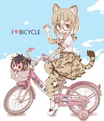 Rule 34 | 10s, 1girl, animal ears, animal print, belt, belt buckle, bicycle, black-framed eyewear, black belt, bow, bowtie, brown bow, brown bowtie, brown gloves, brown skirt, brown thighhighs, buckle, cat ears, cat girl, cat tail, character doll, closed mouth, elbow gloves, english text, engrish text, eyebrows, eyelashes, facing away, from side, gloves, gradient hair, green eyes, hair between eyes, heart, highres, kemono friends, kolshica, light brown hair, light brown legwear, looking at viewer, lucky beast (kemono friends), margay (kemono friends), margay print, miniskirt, multicolored clothes, multicolored gloves, multicolored hair, multicolored legwear, ranguage, rockhopper penguin (kemono friends), semi-rimless eyewear, shadow, shirt, shoelaces, shoes, short hair, sitting, skirt, smile, solo, tail, thighhighs, under-rim eyewear, white footwear, white gloves, white hair, white shirt, white thighhighs, zettai ryouiki