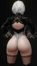 Rule 34 | 1girl, absurdres, ass, back, back cutout, black background, clothing cutout, cpt-flapjack, curvy, elbow gloves, feather-trimmed sleeves, from behind, gloves, hands on own hips, highres, huge ass, juliet sleeves, leotard, long sleeves, nier (series), nier:automata, puffy sleeves, short hair, solo, square enix, thick thighs, thighhighs, thighs, thong leotard, white hair, wide hips, 2b (nier:automata)