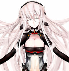 Rule 34 | 1girl, breasts, cleavage, closed eyes, female focus, horizon ariadust, kosumone, kyoukaisenjou no horizon, long hair, silver hair, simple background, solo, white background