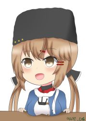Rule 34 | 1girl, black bow, blouse, blue shawl, blush, bow, breast rest, breasts, brown eyes, brown hair, chibi, etowaaru, fur hat, hair between eyes, hair ornament, hat, highres, kantai collection, large breasts, long hair, looking at viewer, low twintails, papakha, red eyes, red shirt, shawl, shirt, simple background, solo, star (symbol), tashkent (kancolle), twintails