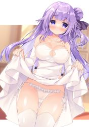 Rule 34 | 1girl, azur lane, bare shoulders, black ribbon, blurry, blurry background, blush, breasts, cleavage, cleavage cutout, clothes lift, clothing cutout, collarbone, commentary request, criss-cross halter, depth of field, dress, dress lift, dutch angle, frilled panties, frills, hair bun, hair ribbon, halterneck, highres, large breasts, lifted by self, long hair, looking at viewer, one side up, panties, parted lips, purinpurin, purple eyes, purple hair, ribbon, side-tie panties, single side bun, solo, thighhighs, underwear, unicorn (azur lane), very long hair, white dress, white panties
