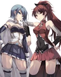 Rule 34 | 2girls, arm on another&#039;s shoulder, armpits, black shirt, blue eyes, blue hair, blue skirt, blue sleeves, breasts, gloves, hand on own hip, highres, jacket, looking at viewer, mahou shoujo madoka magica, medium breasts, miki sayaka, miki sayaka (magical girl), misteor, multiple girls, ponytail, red eyes, red hair, red jacket, red skirt, sakura kyoko, sakura kyoko (magical girl), shirt, skirt, white background, white gloves, white shirt