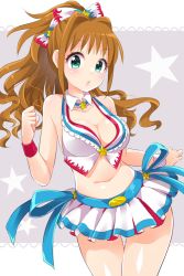 Rule 34 | 10s, 1girl, :o, bow, breasts, brown hair, cleavage, clenched hands, crop top, detached collar, green eyes, hair bow, hair intakes, high ponytail, hino akane (idolmaster), idolmaster, idolmaster cinderella girls, long hair, looking at viewer, medium breasts, midriff, miniskirt, navel, pleated skirt, ponytail, skirt, sleeveless, solo, star (symbol), trente, wristband
