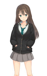 Rule 34 | 10s, 1girl, :o, brown hair, cardigan, earrings, green eyes, hands in pockets, idolmaster, idolmaster cinderella girls, jewelry, long hair, looking at viewer, necklace, necktie, open mouth, school uniform, shibuya rin, skirt, solo, tamakaga, white background