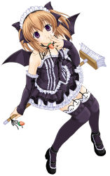 Rule 34 | 1990s (style), 1girl, aizawa tomomi, bare shoulders, bat wings, black thighhighs, bow, broom, brown hair, carrot, detached sleeves, frills, garter belt, gothic lolita, hair bow, highres, lace, lace-trimmed legwear, lace trim, lolita fashion, maid, map (blue catty), pia carrot (series), pia carrot e youkoso!!, purple eyes, retro artstyle, solo, thighhighs, waitress, wings, zettai ryouiki