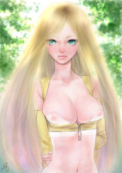 Rule 34 | 1990s (style), 1girl, bad id, bad pixiv id, blonde hair, blue eyes, breasts, celes chere, cleavage, female focus, final fantasy, final fantasy vi, highres, long hair, midriff, nature, nipples, noromi, outdoors, retro artstyle, see-through, solo