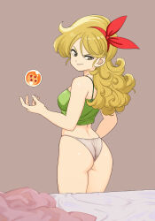 Rule 34 | 1girl, ass, bed sheet, blonde hair, breasts, commentary, curly hair, dragon ball, dragon ball (classic), dragon ball (object), from behind, green eyes, hair ribbon, hairband, highres, long hair, looking at viewer, lunch (bad) (dragon ball), lunch (dragon ball), medium breasts, midriff, panties, ribbon, rokoido12, simple background, smile, smirk, solo, tank top, underwear, white panties