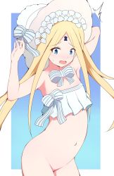 Rule 34 | 1girl, ^^^, abigail williams (fate), abigail williams (swimsuit), abigail williams (swimsuit foreigner) (fate), abigail williams (swimsuit foreigner) (third ascension) (fate), absurdres, arched back, arms up, bare arms, bare shoulders, bikini, bikini top only, blonde hair, blue eyes, blush, bonnet, bottomless, bow, commentary request, cowboy shot, fate/grand order, fate (series), groin, highres, long hair, mitchi, navel, open mouth, parted bangs, solo, strapless, striped, striped bow, sweat, swimsuit, very long hair, white bikini, white bow, white headwear