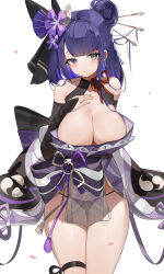 Rule 34 | 1girl, absurdres, alternate costume, alternate hairstyle, bad id, bad pixiv id, bare shoulders, berserker r, black panties, black ribbon, blush, bow, breast suppress, breasts, bridal gauntlets, cleavage, closed mouth, commentary request, cowboy shot, falling petals, flower, flower knot, genshin impact, gluteal fold, gradient eyes, hair bun, hair flower, hair ornament, hair ribbon, hair stick, hand on own chest, hand up, highres, japanese clothes, kimono, large breasts, long hair, looking at viewer, mitsudomoe (shape), mole, mole under eye, multicolored eyes, neck ribbon, panties, pelvic curtain, petals, purple eyes, purple flower, purple hair, raiden shogun, red ribbon, ribbon, see-through, short kimono, sidelocks, simple background, single hair bun, single side bun, smile, solo, string panties, swept bangs, thigh strap, thighs, tomoe (symbol), underwear, vision (genshin impact), white background, wide sleeves