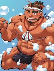 Rule 34 | 1boy, abs, bara, black hair, black male underwear, blush, bubble, bulge, character request, dark-skinned male, dark skin, erection, erection under clothes, facial hair, foot out of frame, fundoshi, goatee, hachimaki, headband, highres, japanese clothes, jewelry, large pectorals, looking at viewer, male focus, male underwear, mature male, multicolored hair, muscular, muscular male, navel, navel hair, necklace, nipples, orange hair, pectorals, shell, shell necklace, shirako (kirupi), short hair, smile, solo, squatting, stomach, thick eyebrows, thick thighs, thighs, tokyo houkago summoners, topless male, two-tone hair, underwear, underwear only