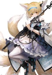 Rule 34 | animal ear fluff, animal ears, arknights, belt, belt pouch, black footwear, black gloves, blonde hair, blue hairband, boots, braid, burnt clothes, capelet, commentary, dress, earphones, english commentary, eyebrows, fox ears, fox tail, frilled dress, frills, full body, gloves, green eyes, hairband, head tilt, headwear request, highres, holding, holding staff, id card, infection monitor (arknights), kitsune, knees together feet apart, kyuubi, looking at viewer, medium hair, multicolored hair, multiple tails, pantyhose, pouch, scrunchie, shoes, sidelocks, simple background, single glove, smile, solo, staff, strap, suzuran (arknights), tail, torn capelet, torn clothes, torn dress, twin braids, two-tone hair, weapon, white background, white capelet, white dress, white hair, white pantyhose, white scrunchie, white tail, white wristband, wristband, xin (xin)