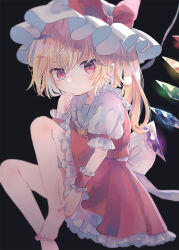 Rule 34 | 1girl, ascot, barefoot, bat wings, blonde hair, comiket 99, crystal, flandre scarlet, full body, hat, hat ribbon, hiyuu (hiyualice), mob cap, multicolored wings, one side up, puffy short sleeves, puffy sleeves, red eyes, red skirt, red vest, ribbon, short sleeves, side ponytail, skirt, skirt set, solo, touhou, vest, white hat, wings, yellow ascot