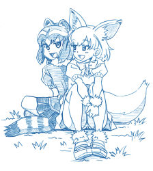 Rule 34 | 10s, 2girls, animal ears, bbb (friskuser), blue theme, bow, bowtie, common raccoon (kemono friends), fennec (kemono friends), fox ears, fox tail, fur trim, gloves, greyscale, kemono friends, loafers, monochrome, multiple girls, open mouth, raccoon ears, raccoon tail, shoes, short hair, short sleeves, simple background, skirt, smile, tail, white background