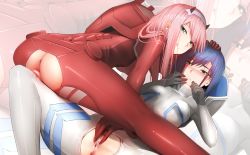 Rule 34 | 10s, 2girls, :q, anus, aqua eyes, ass, ass cutout, blue hair, blush, bodysuit, breasts, censored, closed mouth, clothing cutout, crotch cutout, cum, cum in pussy, darling in the franxx, fingering, from behind, ginhaha, green eyes, hairband, horns, ichigo (darling in the franxx), long hair, looking at viewer, looking back, lying, mosaic censoring, multiple girls, on back, pilot suit, pink hair, pussy, red bodysuit, short hair, skin tight, spread legs, straight hair, tongue, tongue out, uniform, white hairband, zero two (darling in the franxx), zoom layer